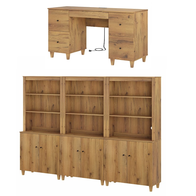 WAMPAT Home Office Furniture Set, 58" Executive Desk with Drawers, 3-Column 71" Tall Bookcase with Doors and Adjustable Shelves