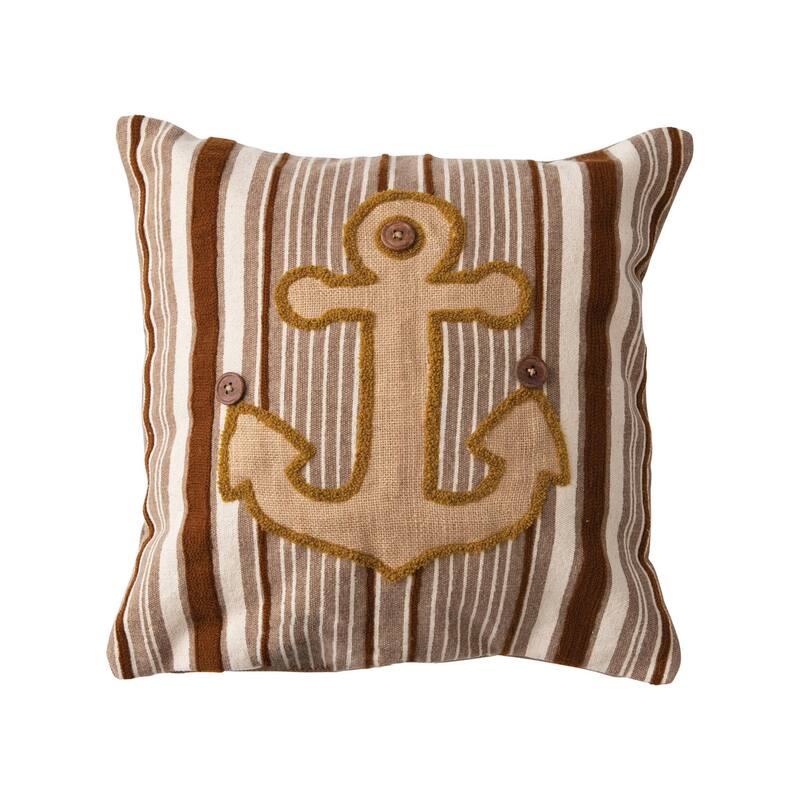 Woven Cotton Blend Appliqued Anchor Pillow with Stripes and Wood Buttons