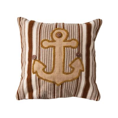 Woven Cotton Blend Appliqued Anchor Pillow with Stripes and Wood Buttons