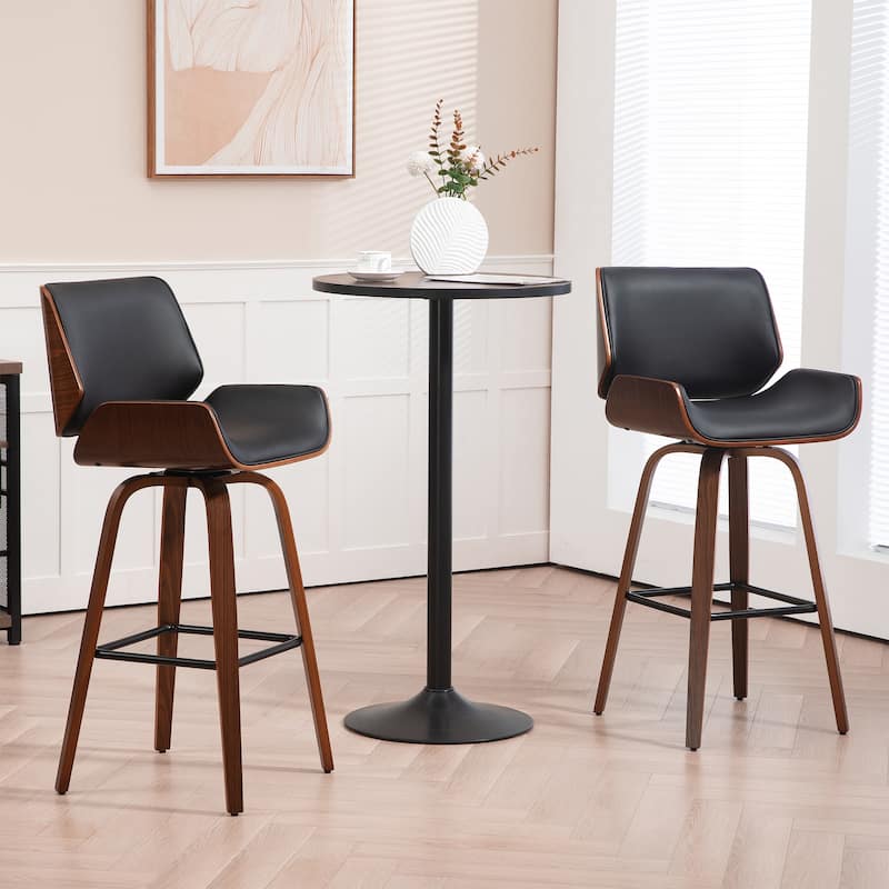 Beate Black Faux Leather Bar Stool with Walnut Wood Legs