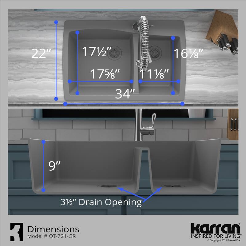 Karran Drop-In Quartz 34 in. Double Bowl 60/40 Kitchen Sink With Bottom Grids and Strainers