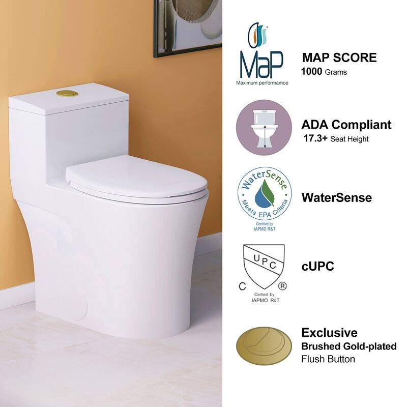 HOROW 1 Piece Dual Flush Elongated Toilet White 0.8 1.28 GPF Seat Included Brushed Gold Button - N/A
