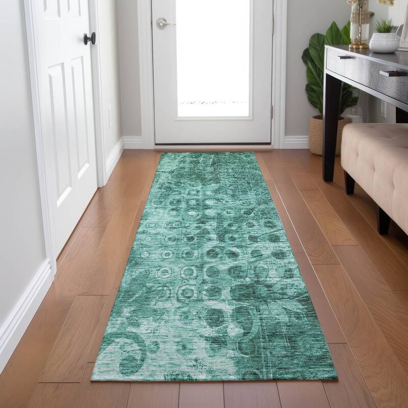 Machine Washable Indoor/ Outdoor Chantille Abstract Modern Rug - Teal - 2'3" x 7'6"