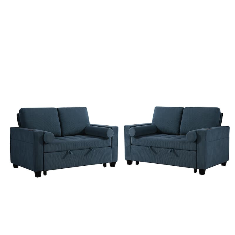 Set of 2 Corduroy Convertible Sleeper Chairs Pull-Out Chair Beds with Adjustable Recline