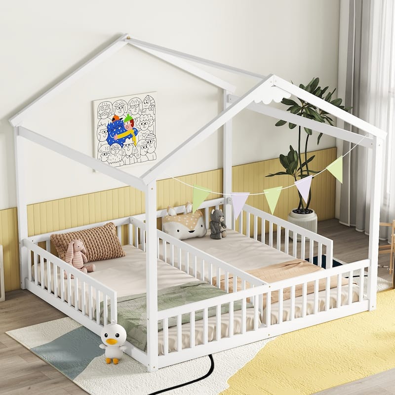 Double Twin House-Style Floor Bed with Fence, Guardrails, without door