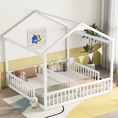 Double Twin House-Style Floor Bed with Fence, Guardrails, without door