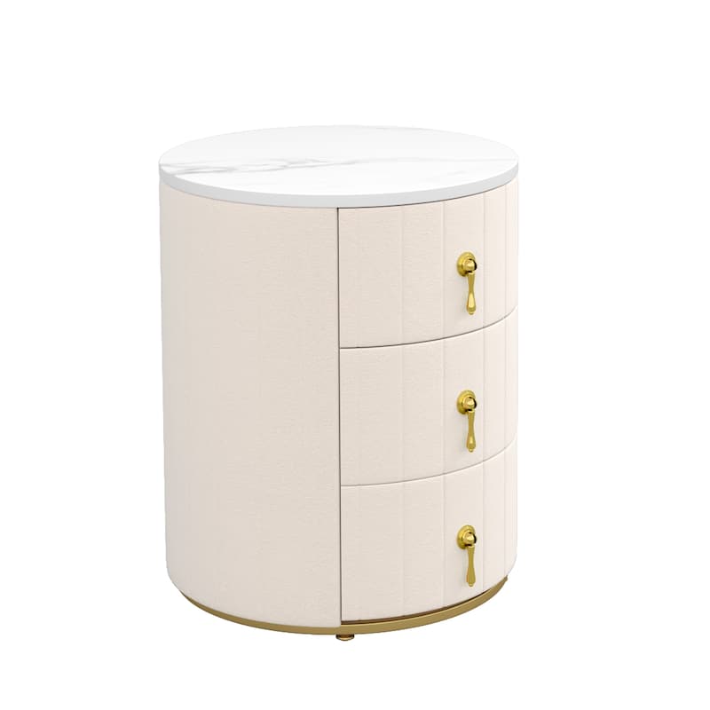 Round Upholstered Nightstand with 3 Drawers and Metal Handles