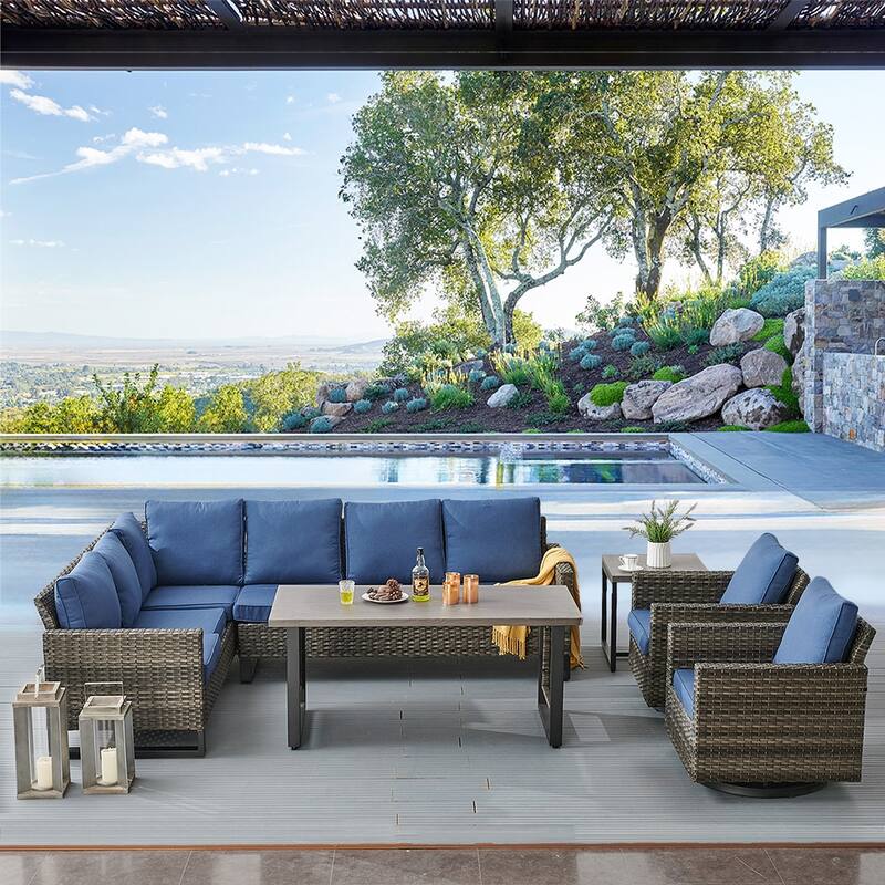 Gymojoy 6 Piece Garden Outdoor Sofa with Sivel Rocking Chair - Grey - Blue