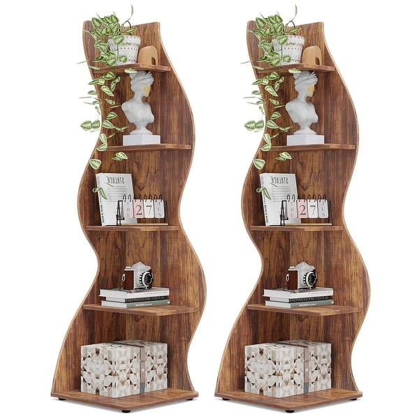 slide 2 of 29, 5 Tier Corner Shelf Tall Bookshelf Bookcase 2PC - Brown