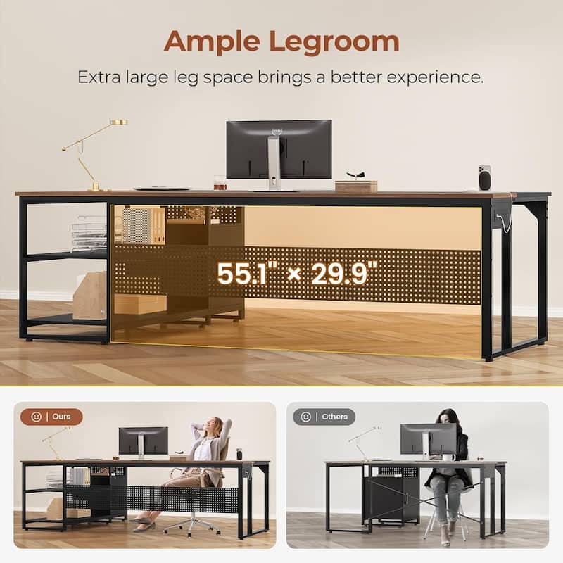Executive Desk L Shaped Desk File Drawers Power Outlets Computer Desk