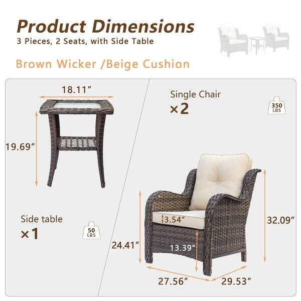 dimension image slide 0 of 4, Outdoor Patio Furniture Set Brown Wicker Patio Conversation Seating Sets