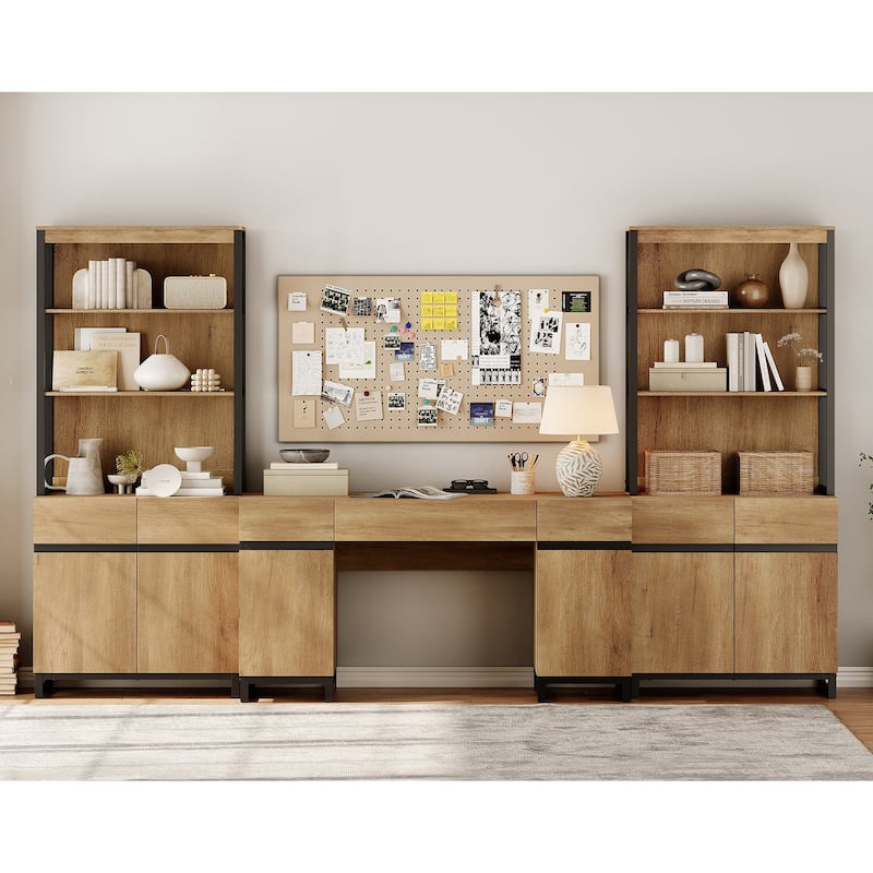 WAMPAT 59" Modern Executive Desk with Charging Station & Storage Cabinet + 72" Tall Bookcases.