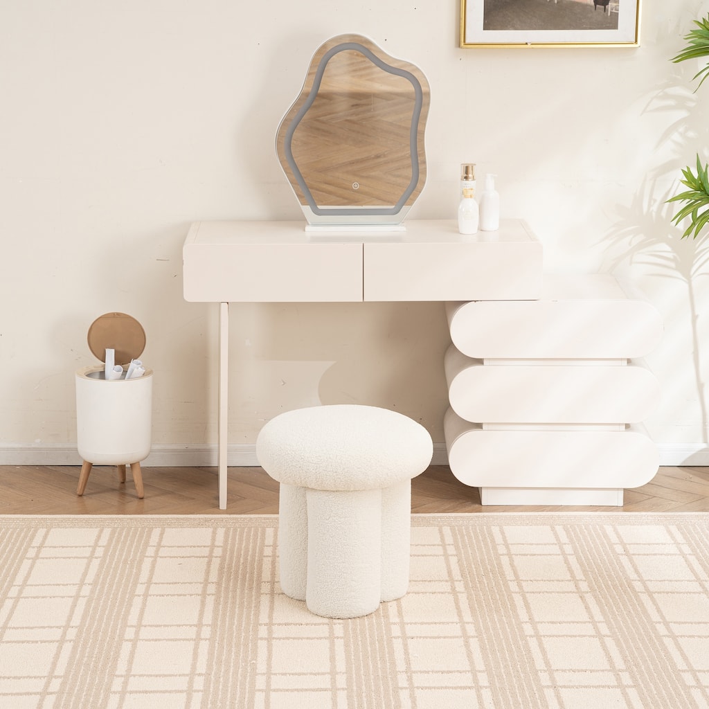 Mushroom Vanity Stool, Sherpa Upholstered Round Ottoman, Modern Foot Stool For Living Room, Entryway, Bedroom