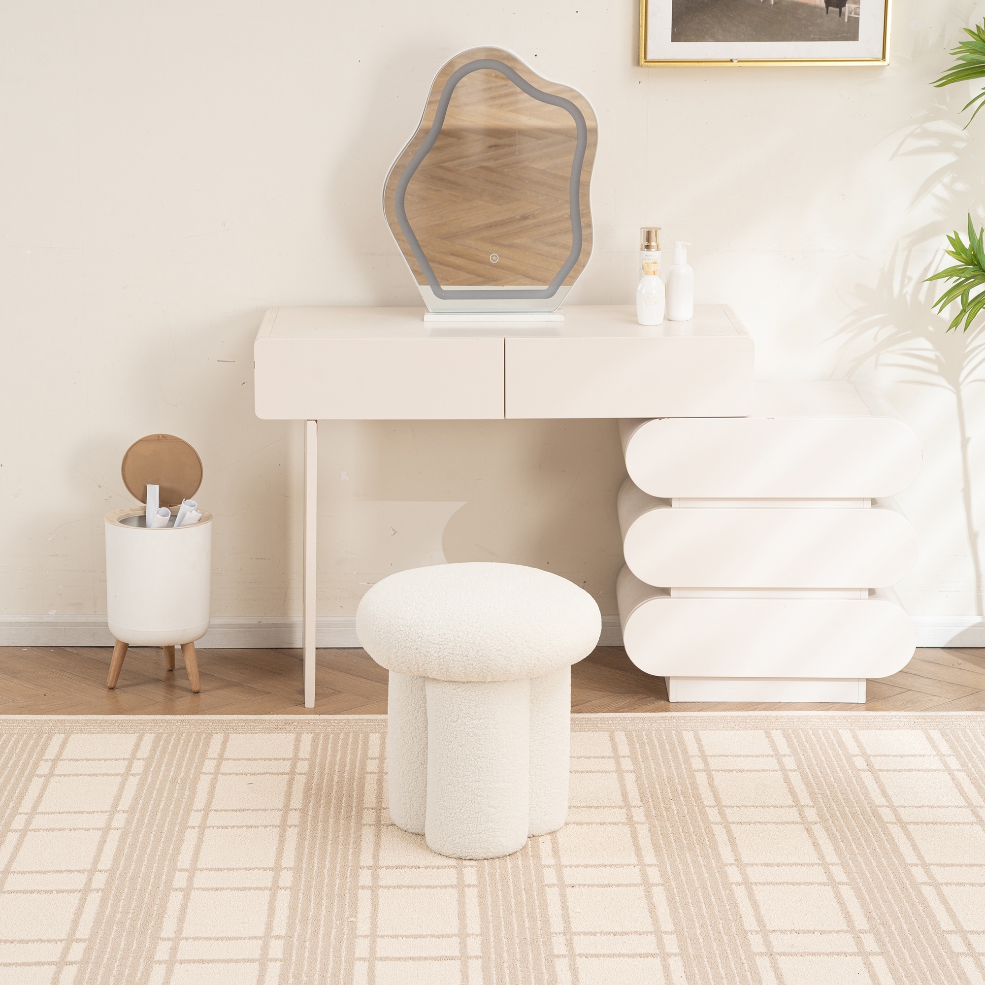 Mushroom Vanity Stool, Sherpa Upholstered Round Ottoman, Modern Foot Stool For Living Room, Entryway, Bedroom