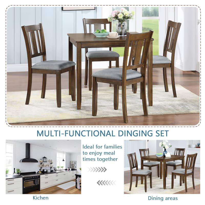 GDFStudio - Dunmore 5-Piece Farmhouse Wooden Square Dining Table Set with 4 Wooden Upholstered Dining Chairs