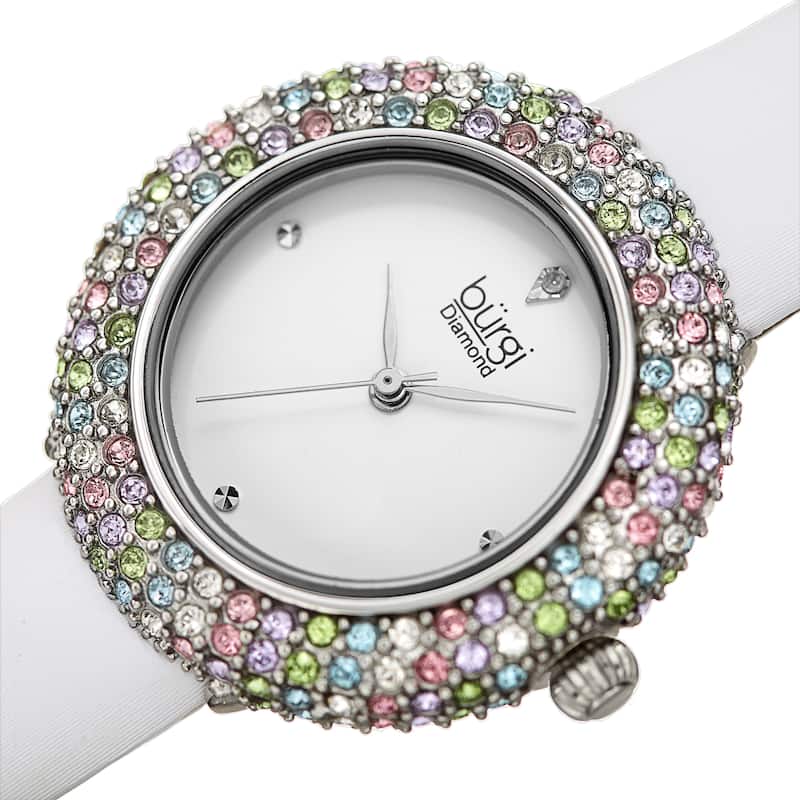Burgi Ladies Vibrant Colorful Swarovski Crystal Diamond Satin Leather Strap Watch