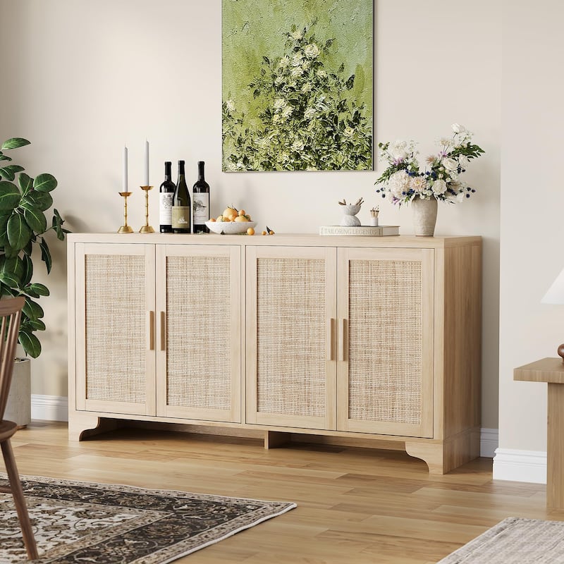 62 Inch Rattan Sideboard Buffet Cabinet, 4-Door with Shelves