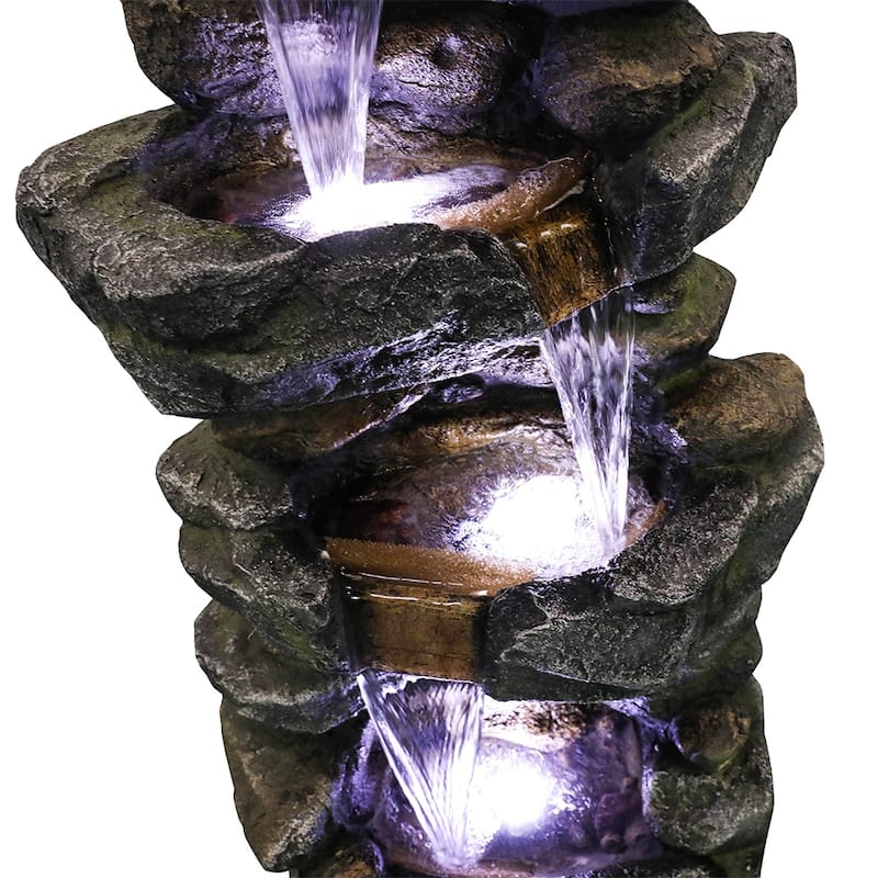 Outdoor Water Fountain w/LED Lights 4-Tier Stacked Rock Water Fountain