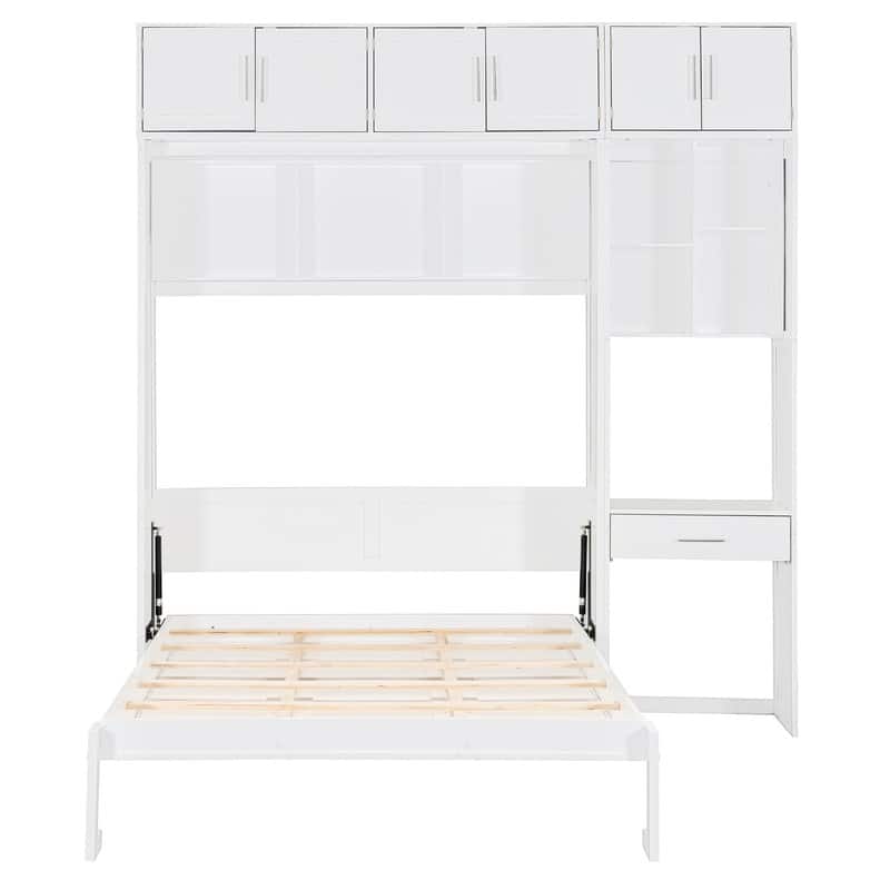 Full Size and Queen Size Wall Murphy Bed with Desk, Top Cabinet and Storage Shelves, Space Saving Foldable Bed