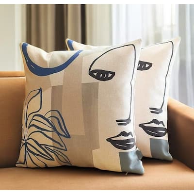 Set of Two 18" Ivory Blue and Gray Abstract Face Fabric Throw Pillows