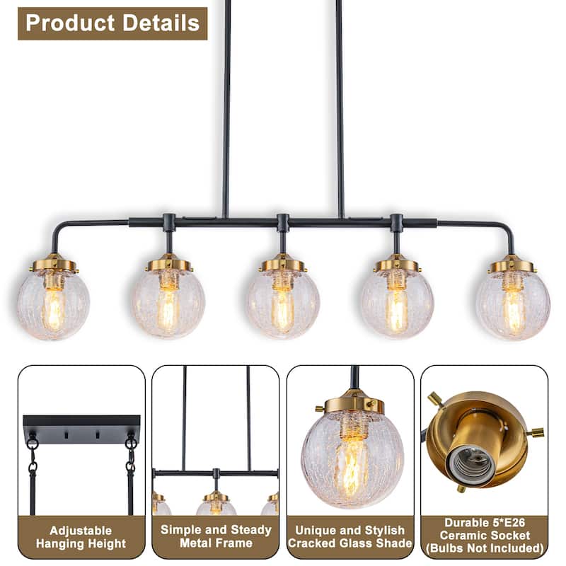 5-Light Crackled Glass Globe Linear Island Pendant Light Modern - Dia.38.19-in