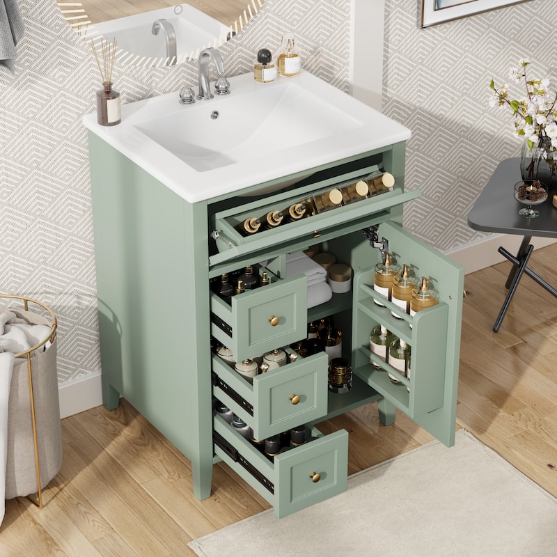 24" Bathroom Vanity with Sink, MDF & Rubberwood Construction, 3 Drawers & Cabinet with Adjustable Shelves - Green