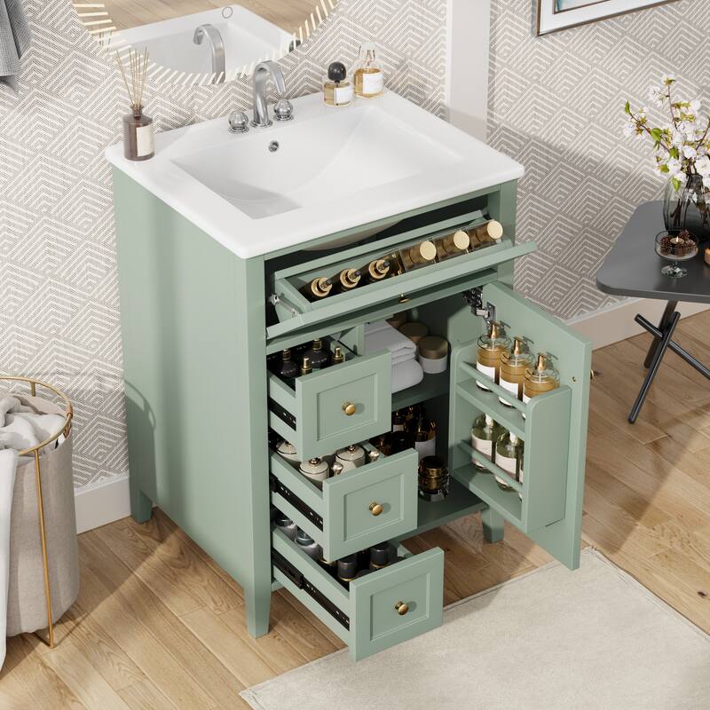 Roomfitters 24" Bathroom Vanity with Sink, Solid Wood Legs, 4 Drawers & Cabinet with Adjustable Shelf