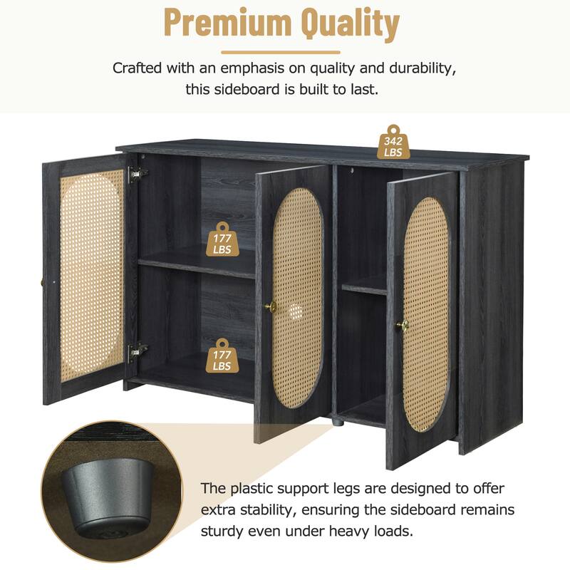 Oval Rattan Doors Black Sideboard with Adjustable Shelves