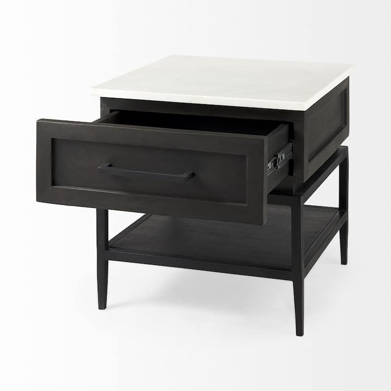Black White Marble End Table with Drawer and Shelf 22 Inch - 22” x 22” x 22”