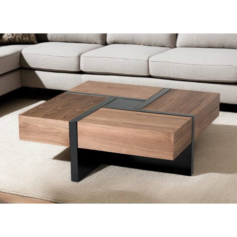 Modern Walnut and Black Square Coffee Table with Storage - Black