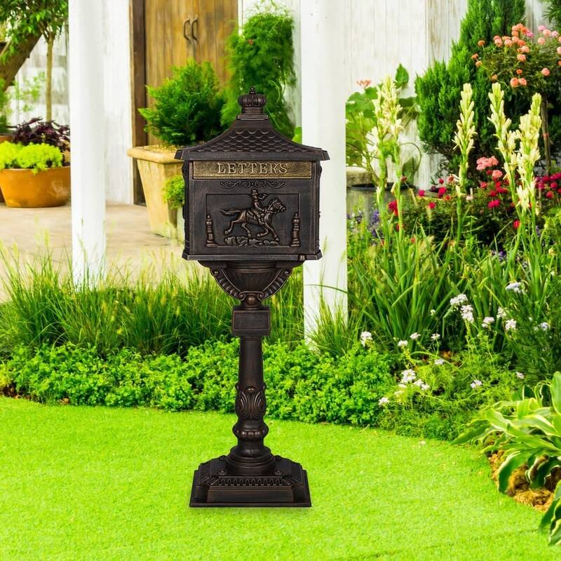 Retro Mid-century Aluminum Cast Mailbox with Post and Keys, Locking Residential Rust-Proof Security Postal Mailboxes