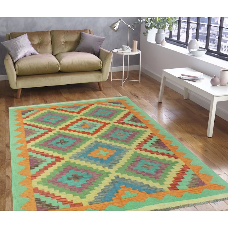 Sangat Flatweave Raleah Lt. Green/Orange Rug - 4'2" x 5'10"