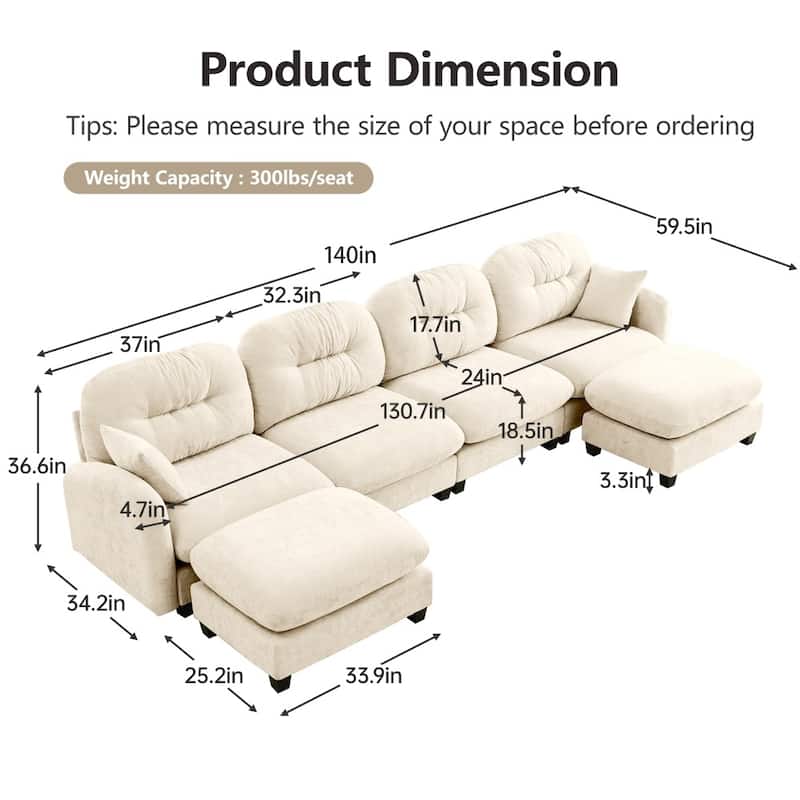 140" Premium Modular Chenille Sectional U-shaped Sofa with Movable Ottomans