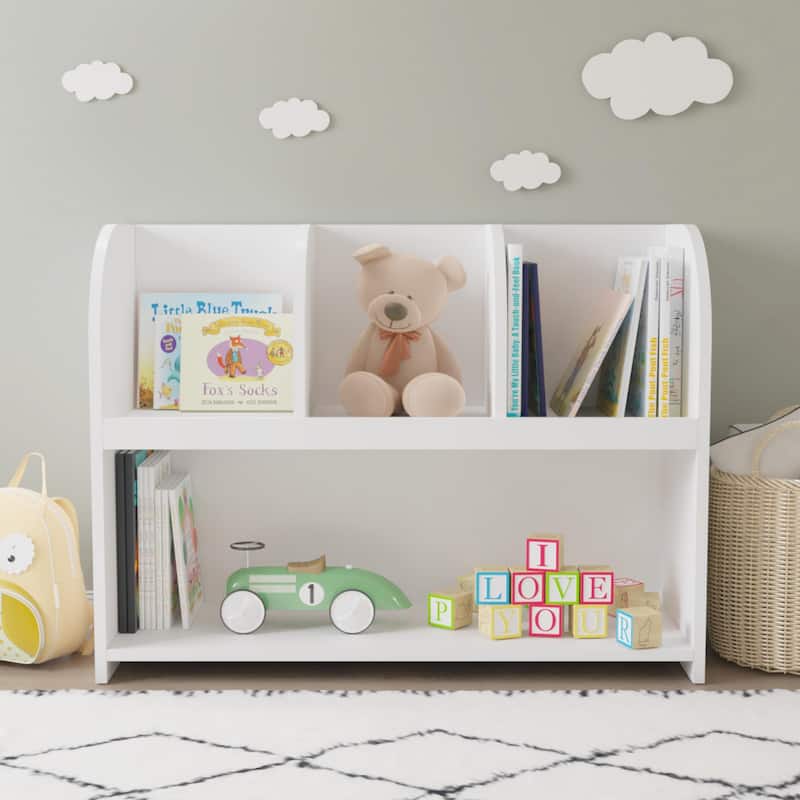 Anmytek 2-Tier Open Shelf Toy Storage Organizer with 3 Cubbies, White Kids Bookshelf for Bedroom Playroom Nursery