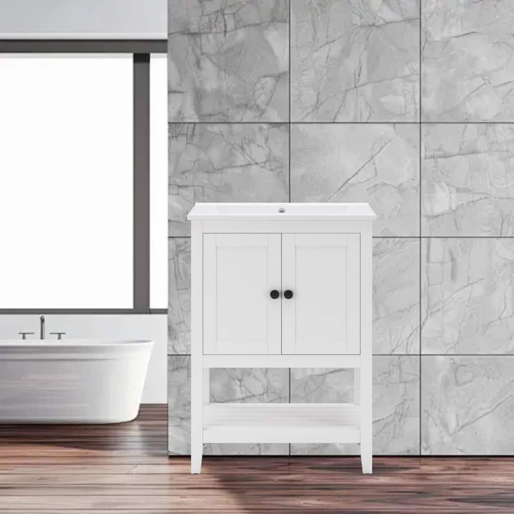 24" Sleek Bathroom Vanity with Elegant Ceramic Sink, Solid Pine Frame & Open Bottom Shelf