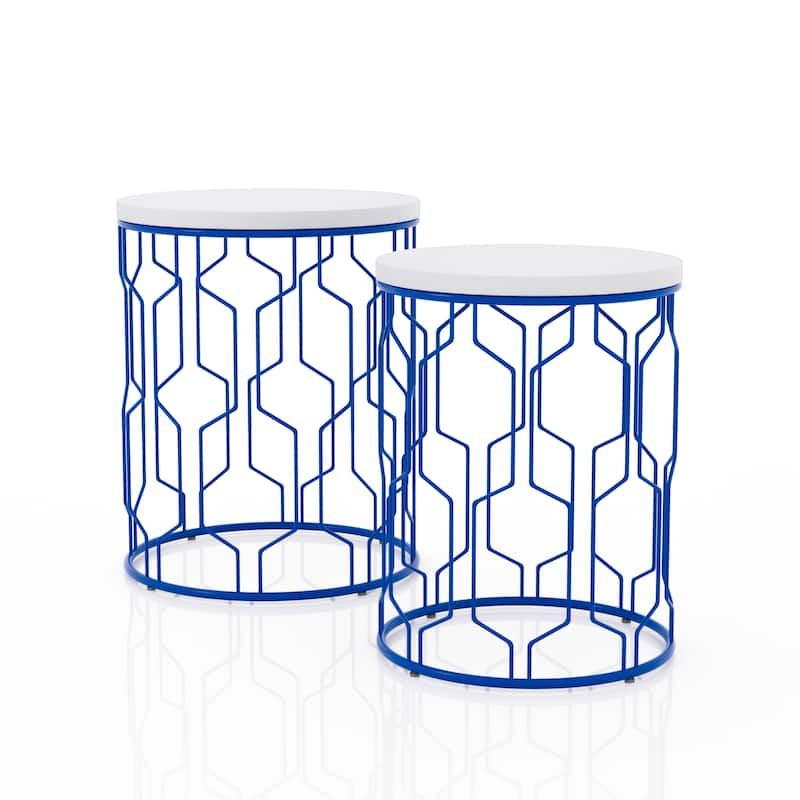 Quarn Modern 16-inch Steel Round 2-Piece Nesting Tables Set by Furniture of America - Blue Coating