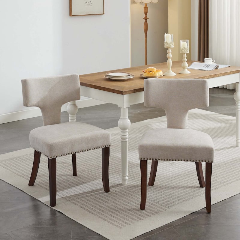 Farmhouse Mid Century Linen Fabric Dining Chairs Set of 2 - Beige