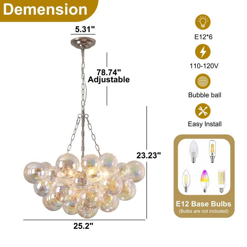 Starsky 6-Light lridescent Bubble Glass Globe chandelier, Hand-Blown Colorful cluster Light, Adjustable Height, Gold or Nickel