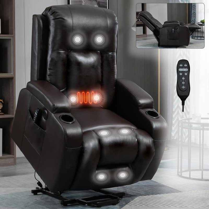 Heavy Duty Power Lift Recliner Chair with Massage, Heat, and USB Charging - Supports Up to 350 lbs - Brown