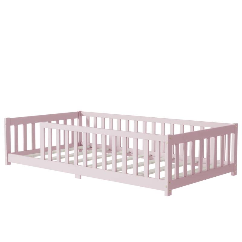 Montessori Twin Size Toddler Floor Bed with Fence without Door, Open-row Design Wood Frame Platform Bed with Safety Guardrails