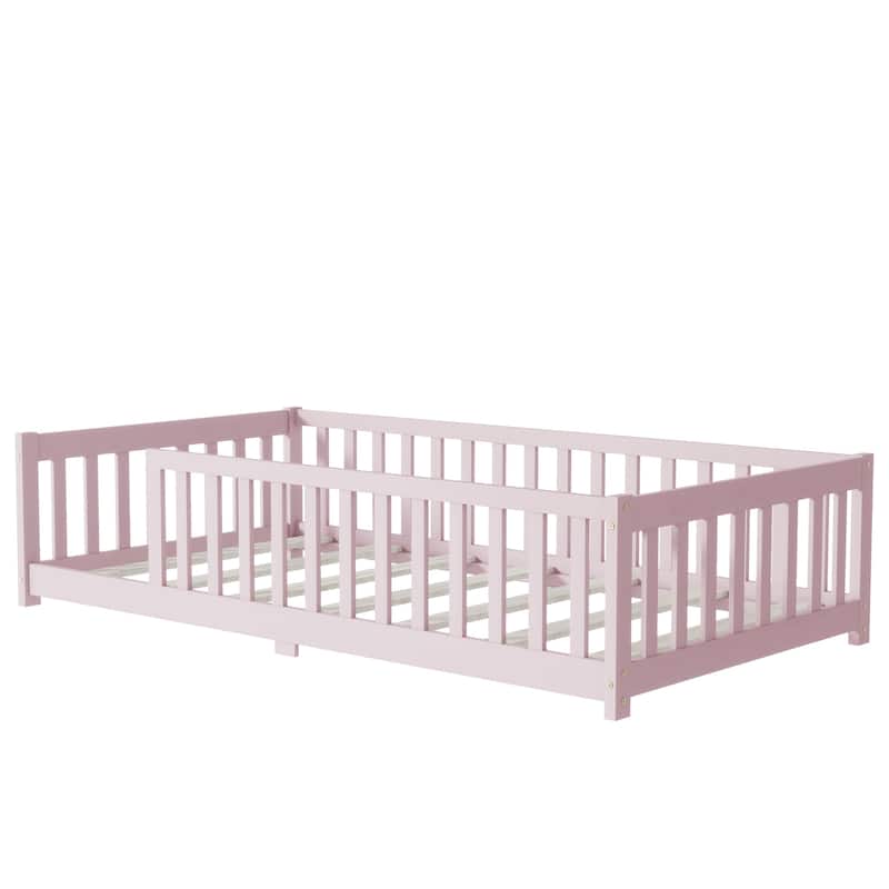 Twin Size Rubber Wood Floor Panel Bed with Safety Fence - No Door Version