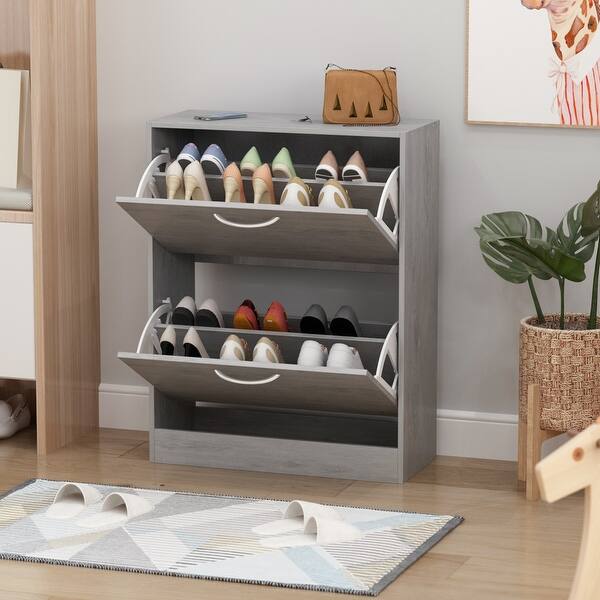 slide 2 of 6, Kerrogee Grey Wood 12-Pair Shoe Storage Cabinet w/ 2 Fold Drawers