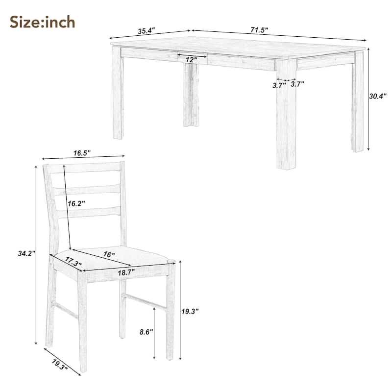 7-Piece Wooden Extendable Dining Table Set with 12" Leaf and 2 Drawers, 6 Chairs
