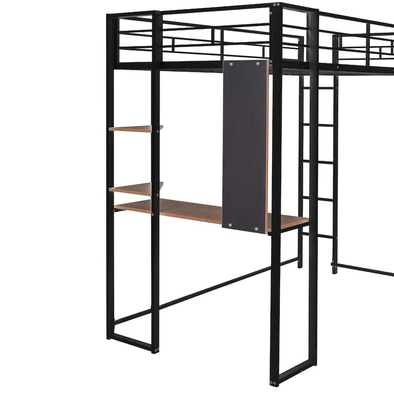 Black Twin Size Metal Loft Bed with Ladder, Fence, Shelves, and Desk
