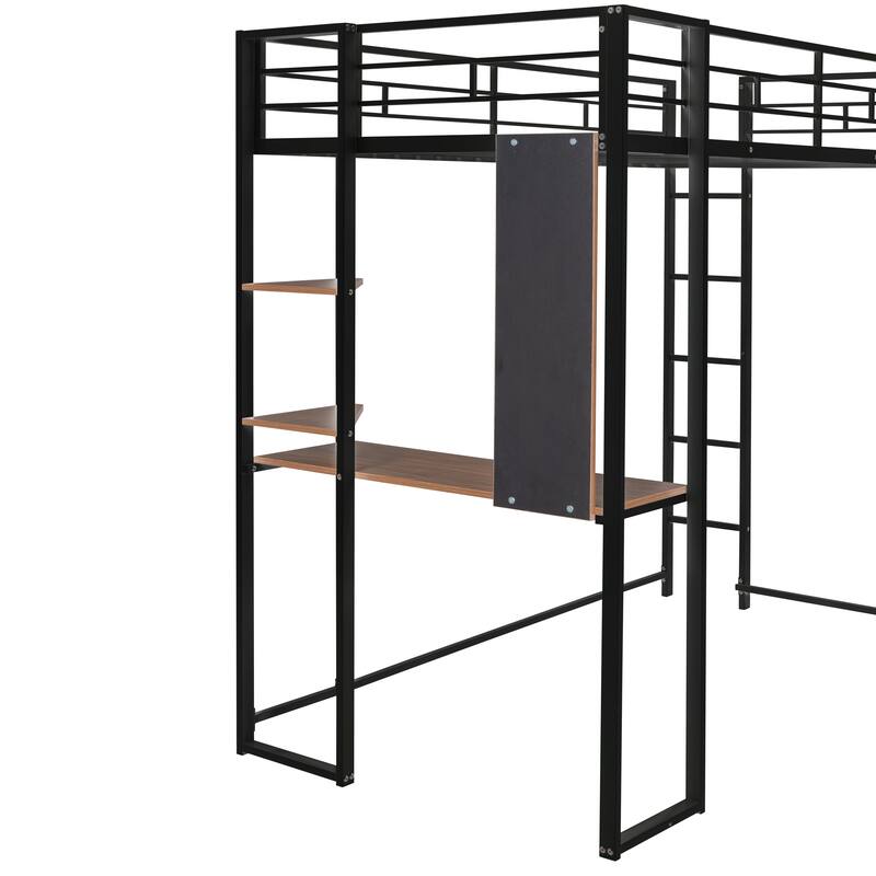 Twin Size Metal Loft Bed with Desk and Shelves, Black Finish