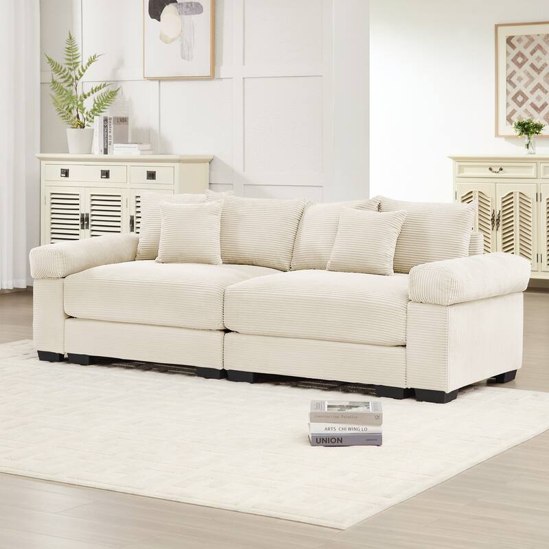 92" Oversized Corduroy Couch for Living Room, Upholstered Loveseat Sofa with Wide Armrests and Throw Pillows for Apartment