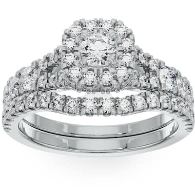 1 1/4Ct Cushion Halo Diamond Engagement Wedding Ring Set in White or Yellow Gold