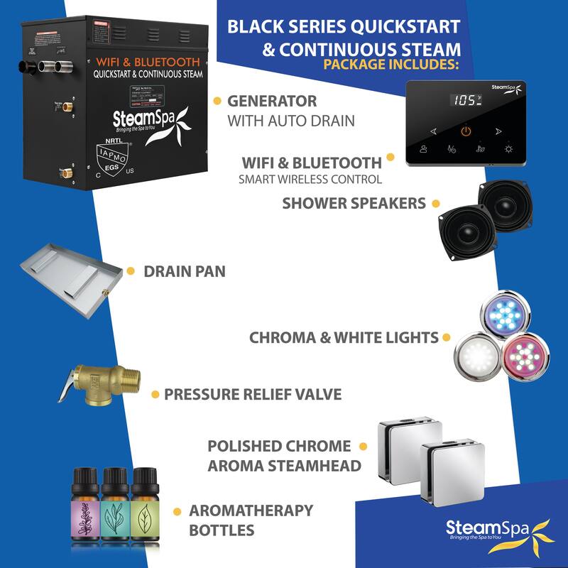 Black Series 10.5KW Steam Bath Generator with Fully Wireless Remote, BLUETOOTH, WIFI, and Auto Drain - 10.5 KW