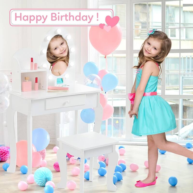 Kids Vanity Dressing Table Toy, Princess Makeup Desk Set with Light