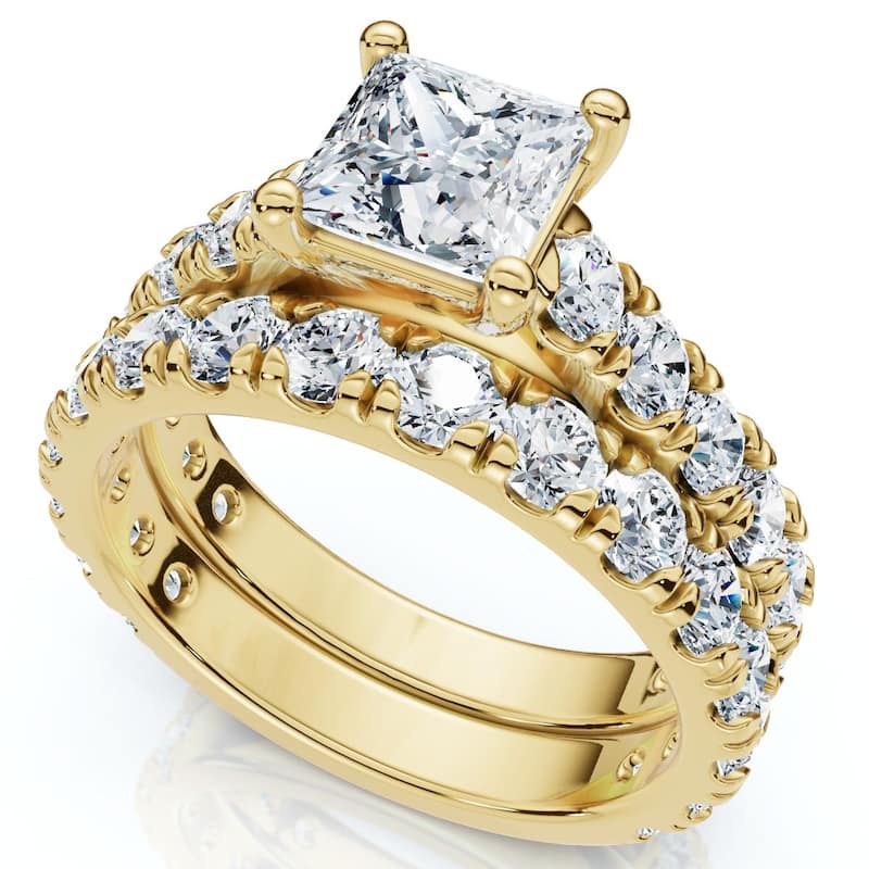 Bliss Diamond Certified 3Ct Princess Cut Diamond Engagement Ring Set Gold Lab Grown - 7 - Yellow